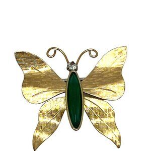 Vintage Krementz Butterfly Brooch Gold Tone Faux Jade Green White Crystal